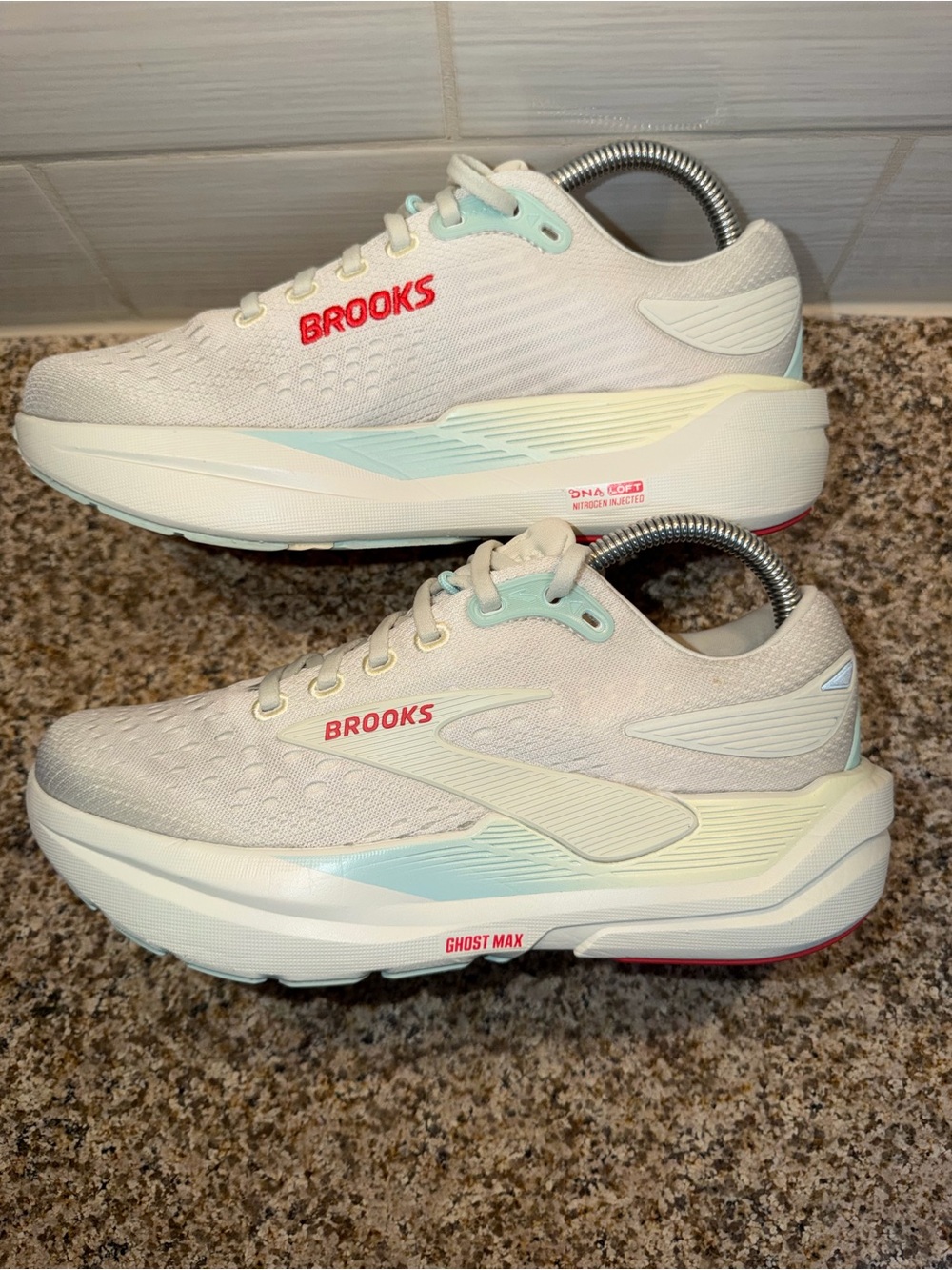 Brooks Women’s Ghost Max Running Shoes - Cream with Mint & Red Accents